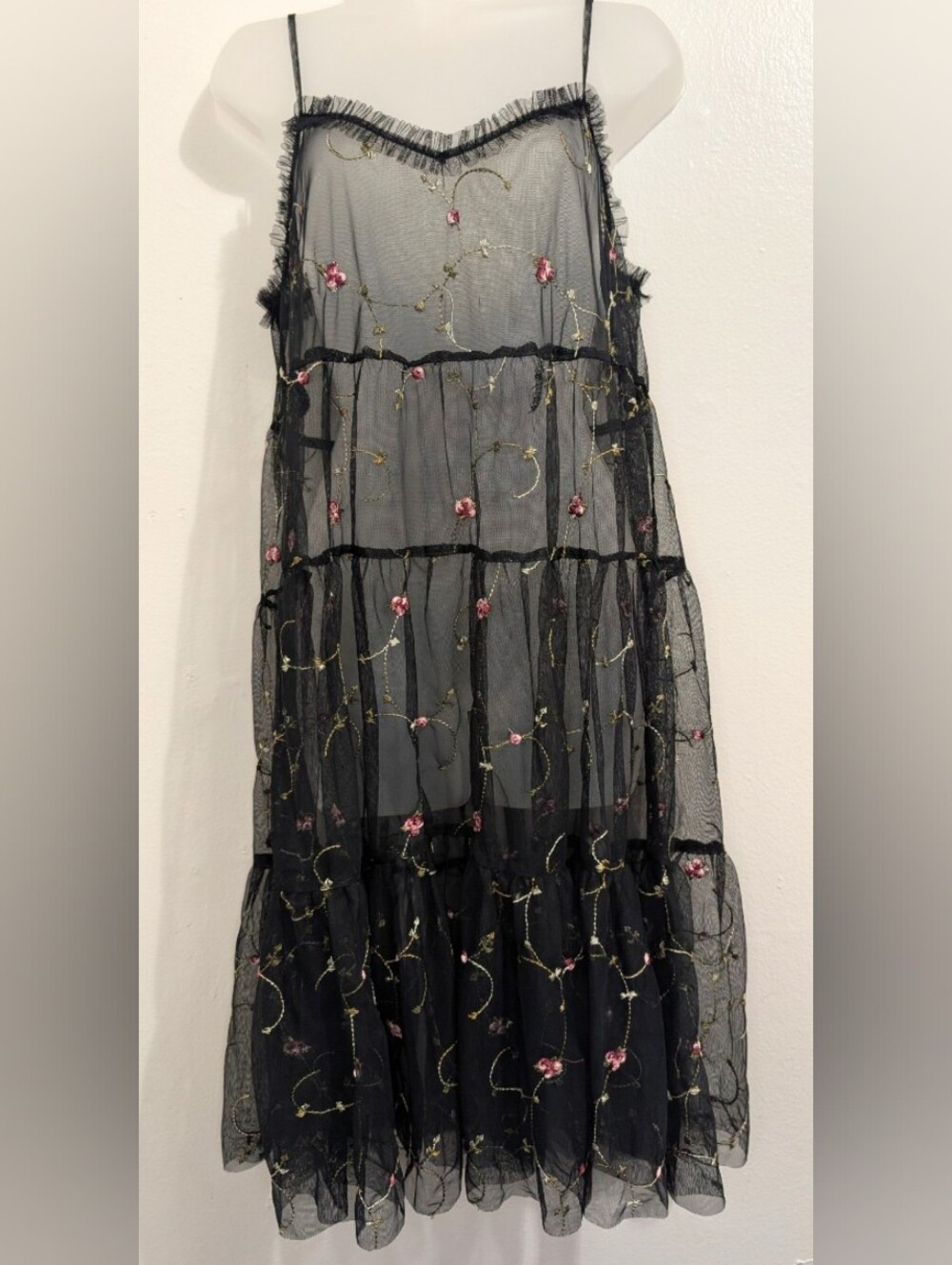 Whimsigoth Dark Romantic Witchy Feminine Coquette Mesh Embroidered Dress M